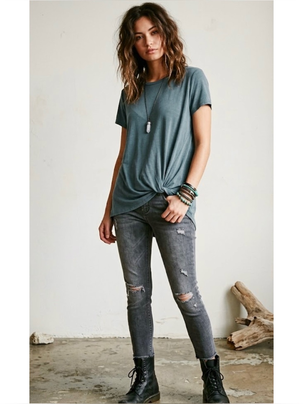 Green Envelope Dusty Slate Blue Slouchy Oversized Front Knot Tee
